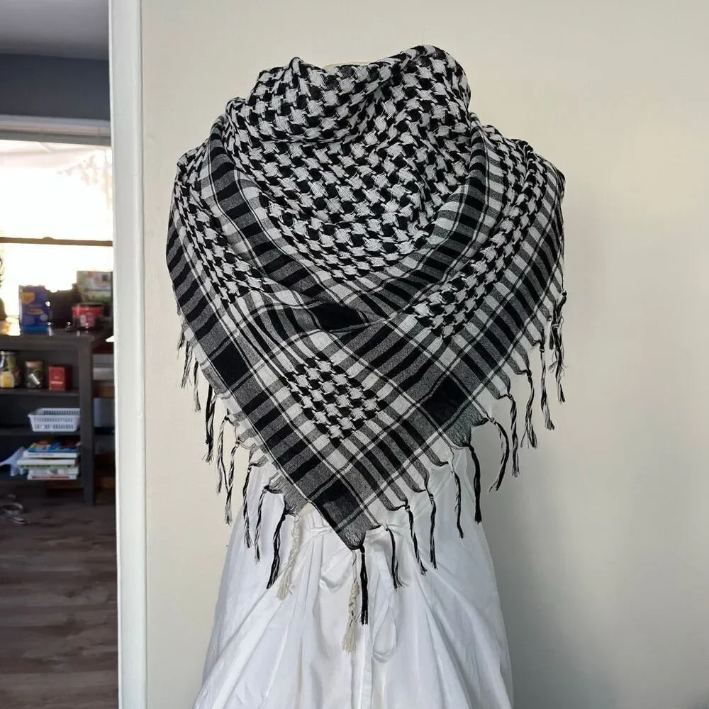 Black White Afghan Keffiyeh Cotton Military Scarf 40” x 40” Unisex NWOT